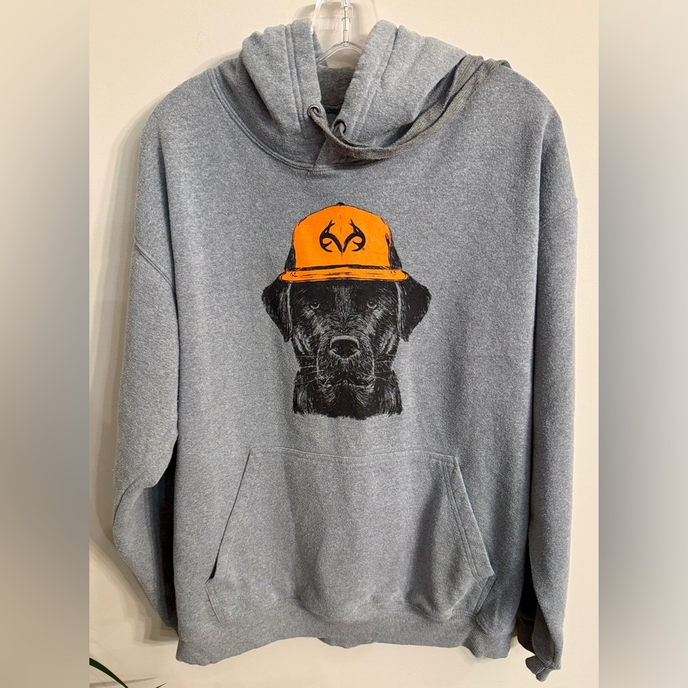 Realtree Gray Hoodie with Orange Hat Dog Design